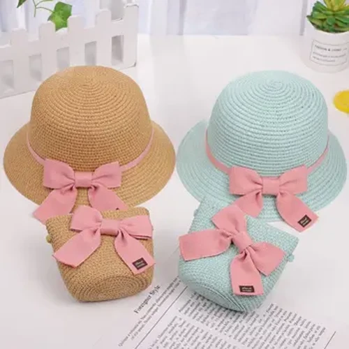 Per bambini Borsa in paglia Set di berretti Protezione solare Cappelli da spiaggia da viaggio per bambini Cappello da sole Borsa a tracolla Cappello da pescatore