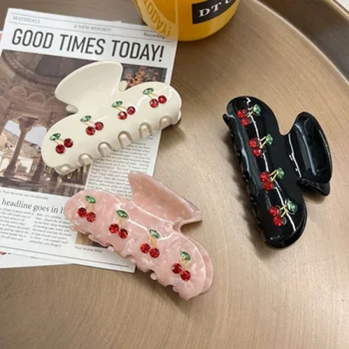 Maʻuʻu lauoho Cherry nani nā kaikamāhine French Retro Fruit Crystal Grab Clip Acetate huelo Glitter Shark Clips Hair Access
