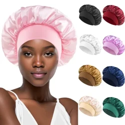 Novo chapéu de dormir de cetim feminino sólido de aba larga unissex cabeça envoltório elástico boné cuidados com o cabelo gorro noite chapéu bonnet de nuit