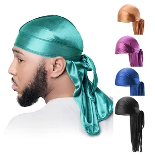 Durag cachecol de seda com cauda longa, chapéu pirata muçulmano, chapéu de pirata, chapéu de caveira, turbante, faixa de cabelo, 18 cores para escolher