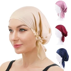 Abesifazane Abasha BamaSulumane I-Satin Eboshwe Ngaphambi Kwesigqoko Sokunwebeka I-Turban Pre-Tied Headscarf I-Bandanas Headwear Izinwele Zokulahlekelwa Umdlavuza I-Chemo Cap Nightcap ye-Hijab Cover