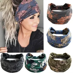 Argraffu blodau Boho bandiau pen eang Vintage Knot Elastig Twrban Headwrap ar gyfer Merched Merched Cotwm Bandana Meddal Affeithwyr Gwallt