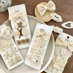 4pcs/set Cyfres Lliw Beige Clip Gwallt Merch Plant Clip Gwallt Aesthctig Lace Blodau Pin Gwallt Bow ar gyfer Penwisg Plant Chic Merch Fach