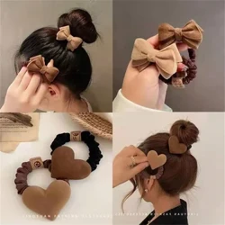 Chouchous en peluche avec nœud papillon en forme de cœur, couleur unie, kaki, café, pour femmes et filles, chouchous en caoutchouc à haute élasticité pour queue de cheval