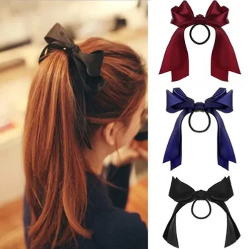 Elásticos de cabelo com laço coreano, para mulheres, moda longa, fita elástica, faixas de cabelo, laço, rabo de cavalo, acessórios de cabelo