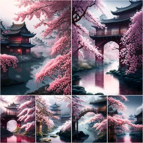 Phong Cảnh Hoa Đào Pavilion Cá Tính DIY Full Khoan Kim Cương Tranh Trang Trí