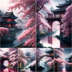 Phong Cảnh Hoa Đào Pavilion Cá Tính DIY Full Khoan Kim Cương Tranh Trang Trí