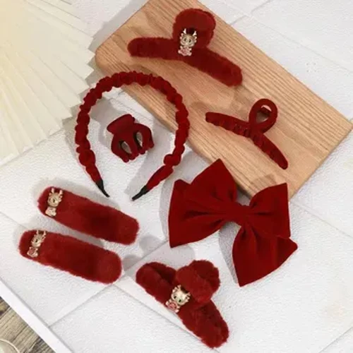 Red Sweet Elegant daudzpusīga vienkārša matu sprādzes kombinācija Mēness Jaungadam Duckbill Clip plīša matu aksesuārs
