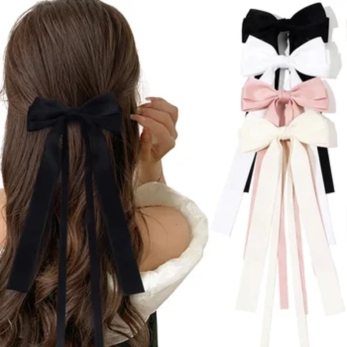 Rhuban Lliw Solid Corea Clipiau Gwallt Bowknot Dwbl ar gyfer Merched Merched Trendy Big Bow Tassel Hir Arian Barrettes Pin Affeithwyr