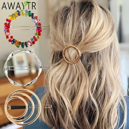 Áo Cô Gái Kẹp Tóc Barrette Vàng Bạc Vòng Tròn Kim Loại Hình Học Tóc Cầm Pha Lê Hàn Quốc Quả Lê Kẹp Tóc Đựng Phụ Kiện Tóc