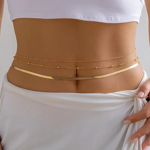 Salircon Minimalis multi-layer logam datar rantai ular perut Rantai Pinggang Punk Bola Logam Bikini Seksi Musim Panas Tubuh Perhiasan Hadiah