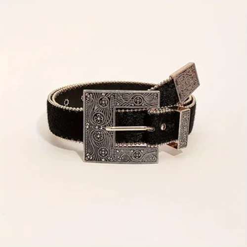 1 piece of retro square carved gold buckle belt with beads on the edge Y2K frosted belt suitable for daily travel