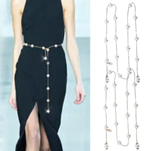 Cintura da donna elegante con perle Cintura in vita con fibbia elastica Cintura con catena di perle Accessori per cinturini per ragazze femminili