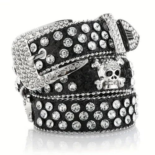 Fa'amatagofie Rhinestone Skull Rivet Belt - Atoatoa mo Jeans & Teuga i Sisifo!