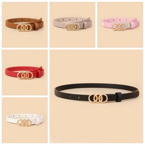 Babaeng de-kalidad na disenyo 3 loop buckle PU leather thin belt na may klasikong gold buckle accessories girl belt