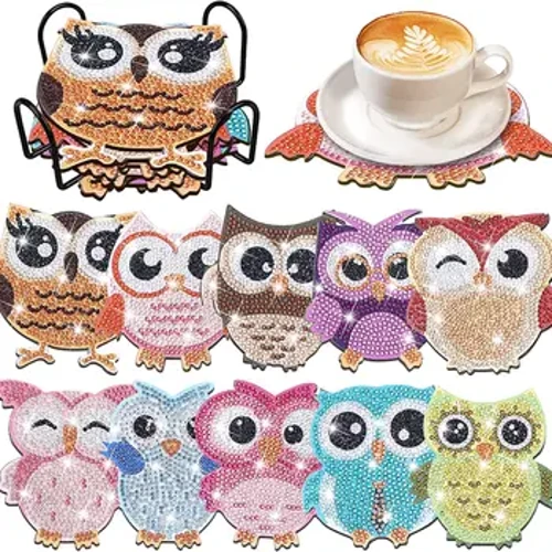 10pcs/set DIY Diamant Art Owl Coasters mat Holder Anti Rutsch Holz Drëps Mats Special Form Diamant Painting Coasters fir Gedrénks