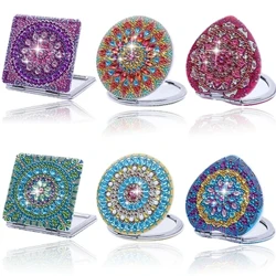 1 pc/set diy mandala diamante arte espelho compacto de couro portátil kit espelho dobrável pintura diamante espelho de bolso para adultos
