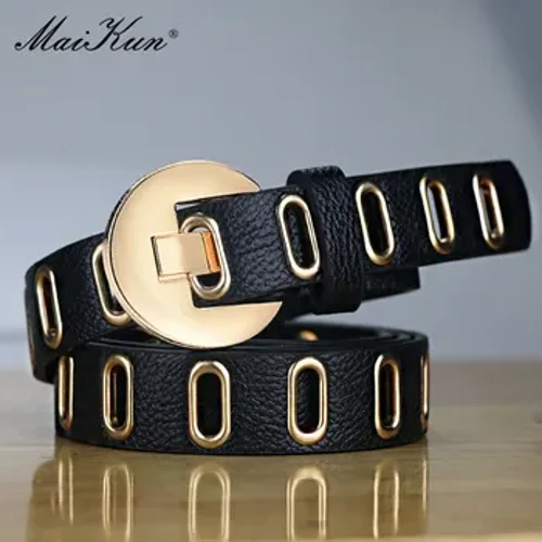Maikun New Grunge Dame Bælte Justerbart Hul Grunge Punk Bælter til Damer Legering Pin Spænde PU Læder Bælte