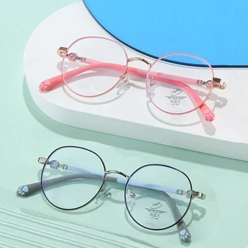 Kacamata Anti-Cahaya Biru untuk Anak-anak Fashion Klasik Bingkai Logam Nerd Eye Protection Kacamata Anak Kucing Lucu Paw Komputer Kacamata