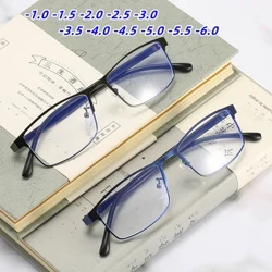 Golau Gwrth-Glas Sbectol Myopia Gorffen Busnes Dynion Merched Metel Sgwâr Presgripsiwn Eyeglasses Diopter 0 -0.5 -1.0 -1.5 I -6.0