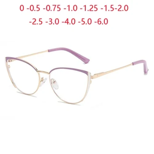 Kacamata Resep Anti Blue Light Wanita Logam Mata Kucing Untuk Rabun dekat Spring Leg Myopes Lunettes 0 -0.5 -0.75 Kanggo -6.0