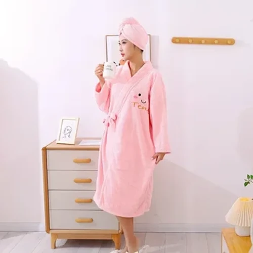 Musim Dingin Jubah Mandi Wanita Bisa Dipakai Handuk Mandi Bulu Karang Tebal Rumah Tangga Salib Diikat Lengan Panjang Rok Mandi Topi Pengeringan Rambut