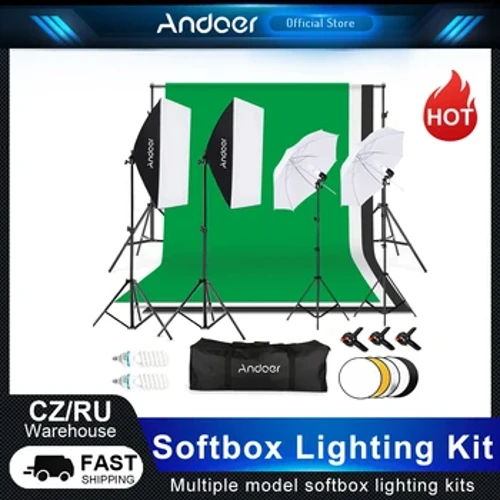 ʻO Andoer Softbox Lighting Kit Nā kiʻi kiʻi kiʻi me ka Backdrop Stand /Softbox /Tripod /Reflector/Soft Light Umbrella/Upu kukui