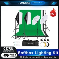 Andoer Softbox apgaismojuma komplekta fotostudijas komplekti ar fona statīvu / Softbox / statīvu / atstarotāju / mīkstās gaismas lietussargu / spuldzi
