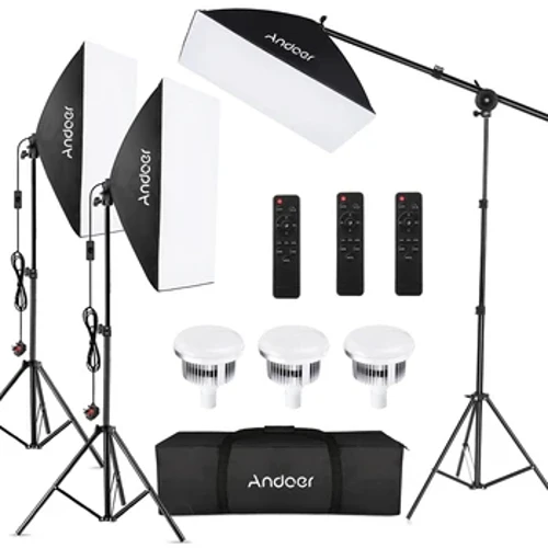 Andoer Studio Light Kit Softbox 85W 2800K-5700K LED Light*3+50x70cm Softbox*3+2M Kū kukui*3+Remote Control*3+Boom Arm+Bag