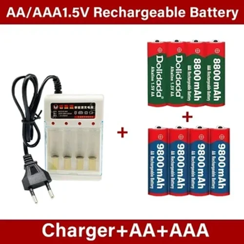 Új alkáli AA/AAA 1.5V 9800mah/8800mah újratölthető akkumulátor LED lámpákhoz töltővel stb., játékokhoz, mp3-hoz stb.