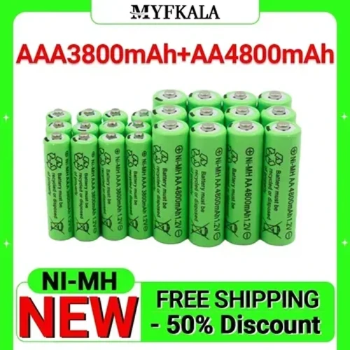 1.2V AA 4800mAh NI-MH maʻa toe faʻaaogaina + 1.2 V AAA 3800 MAh maʻa toe faʻaaogaina NI-MH maʻa + Faʻatau fua