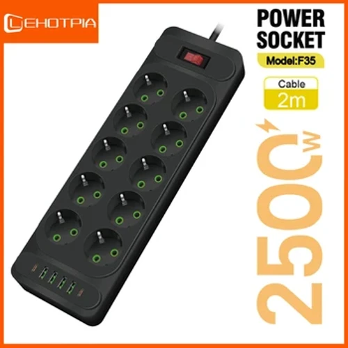 EU Plug AC Outlet Multitap Power Strip 2m გაფართოების კაბელი ელექტრო სოკეტი Smart USB სახლის ოფისის გადახურების დამცავი ქსელის ფილტრი
