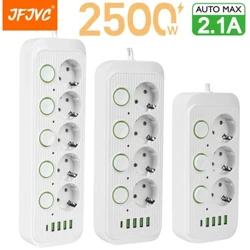 EU ปลั๊กหลายซ็อกเก็ต AC Outlets Power Strip Extension Cable พร้อมพอร์ต USB Surge Protector ตัวกรองเครือข่ายแต่ละสวิตช์