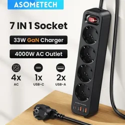 ASOMETECH 4000W Stekkerdoos Multi Outlet 1.5M Verlengsnoer Netwerkfilter Met 3 USB PD 33W PPS snel Opladen Overspanningsbeveiliging