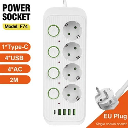 EU Plug Multi Outlet Power Strip USB Type C გაფართოების კაბელით დამოუკიდებელი სამართავი სოკეტი ქსელის ფილტრის პაჩი ელექტრული