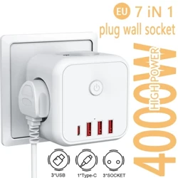 4000W ЕС щепсел Захранващ разклонител Изход с удължителен кабел USB PD порт Интелигентен мрежов филтър Кръгъл щифт Електрически контакт AC адаптер