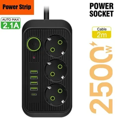 EU Plug Power Strip 2M สาย Multiprise 3AC ปลั๊กไฟฟ้าซ็อกเก็ต USB 4 1 ประเภท C เครือข่ายกรอง Fast CHARGING