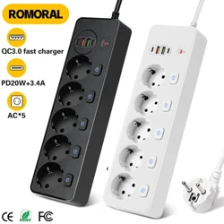 UE plwg allfa AC stribed pŵer allfa amlasiantaethol 2M estyniad llinyn rhwydwaith hidlydd Gyda 4USB PD 20W Amddiffynnydd Ymchwydd Codi Tâl Cyflym