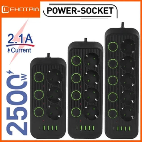 EU Plug AC Outlet Power Strip Multitap Extension Cord ซ็อกเก็ตไฟฟ้าพร้อมพอร์ต USB Surge Protector Multiprise ตัวกรองเครือข่าย