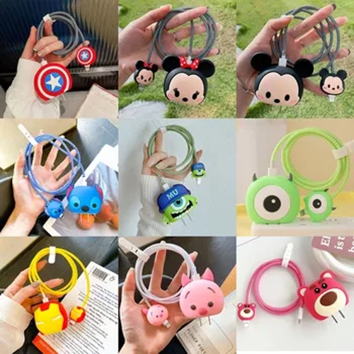 4Pcs/set Protector Cábla do iPhone / iPad 18W/20W Charger Protection Gleoite Cartoon Protector Earraigh Cábla Winder Accessories