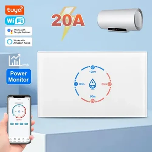 Boeler Gwresogydd Dŵr Tuya Smart Wifi Switsh Cyffwrdd â Monitro Ynni 4400W Amseru 20A Gwaith Safonol yr UD Gyda Alexa Google Home
