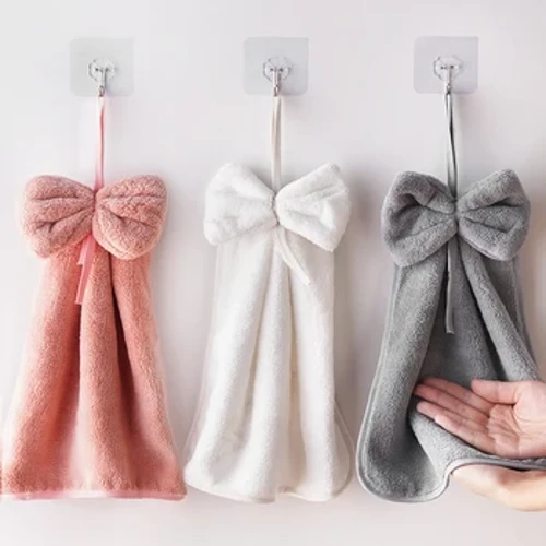 Korall sammet Handduk Söt hängande bowknot Handduk Förtjockad Mjuk hud Kök Badrum Absorberande Snabbtork Lazy Handduk