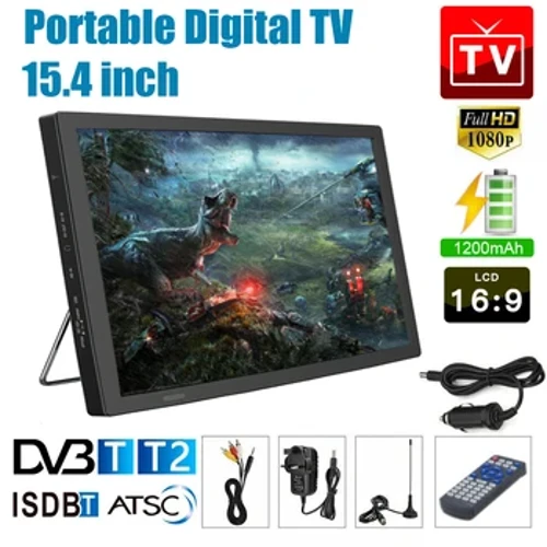 Lettore TV portatile da 15.4 pollici per mini auto 1080P Lettore televisivo HDMI HD DVB-T/T2 ISDB-T TV analogica digitale per auto Supporta la scheda TF USB