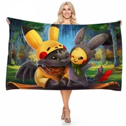 Anime Pokemon Pikachu strandhandduk, mikrofiber, absorberande, mjuk badhandduk, snabbtorkande handduksfilt, present till pojkar och flickor