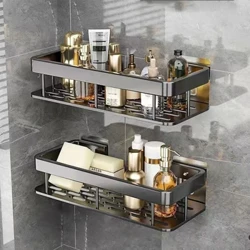 Prateleira de banheiro sem perfuração, montagem na parede, rack de armazenamento de shampoo para cozinha, suporte quadrado de alumínio, organizador de banho, acessórios