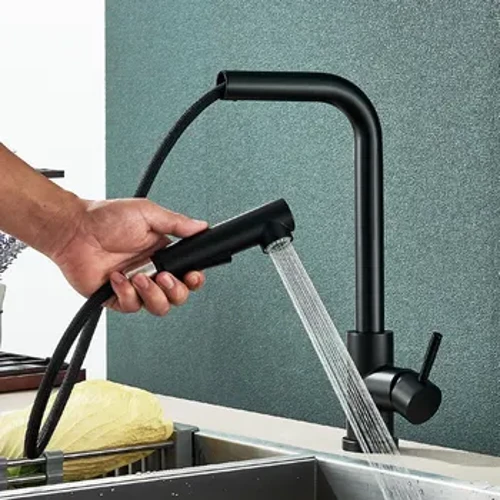 Rubinetto per lavello da cucina estraibile nero Rubinetti flessibili per ugelli di flusso e spruzzatore in 2 modalità Miscelatore per acqua calda e fredda in acciaio inossidabile
