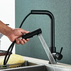 Črna izvlečna pipa za kuhinjsko pomivalno korito, prilagodljiva 2 načina, pipe s curkom in razpršilno šobo iz nerjavečega jekla, vroča in hladna mešalna pipa za vodo.