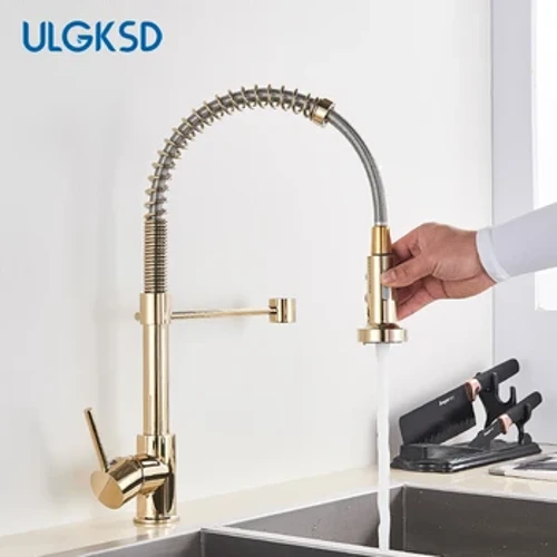 Rubinetto da cucina dorato Abbassamento ugello spruzzatore Miscelatore acqua calda e fredda Rubinetto monocomando in ottone Para Rubinetti lavello da cucina Gru