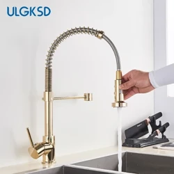 Golden Kitchen Faucet Pull Down Sprayer Nozzle Hot Cold Water Mixer Tap Single Handle Brass Para sa Kitchen Sink Taps Crane