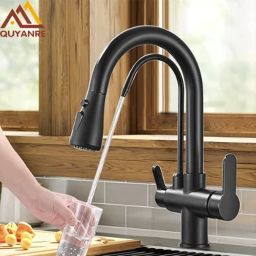 Quyanre Matte Black Filtered Crane mo le umukuka Toso i fafo sausau 360 Taamilomilo Vai Fa'amama Pa'u Ala e Tolu Fa'agogo Mixer Faucet umukuka.
